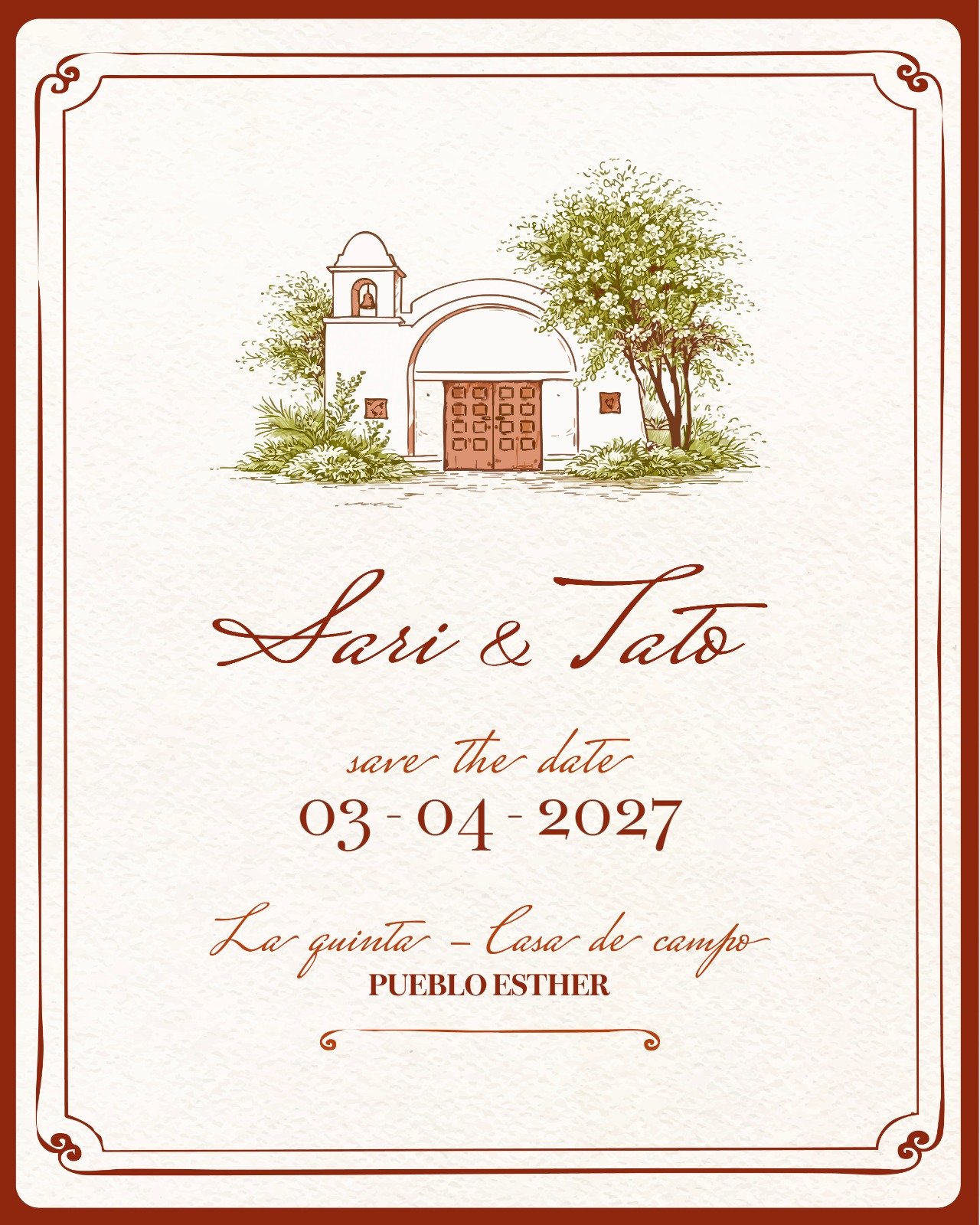 Sari y Tato — save the date — 03·04·2027 — La Quinta Casa de Campo, Pueblo Esther